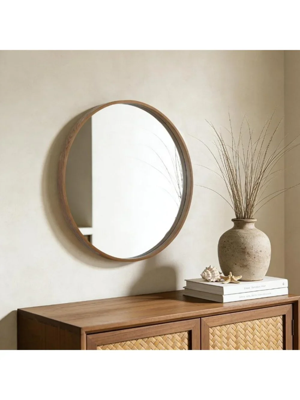 24-Inch Round Wood Frame Mirror for Bathroom, Vanity, Entryway & Living Room